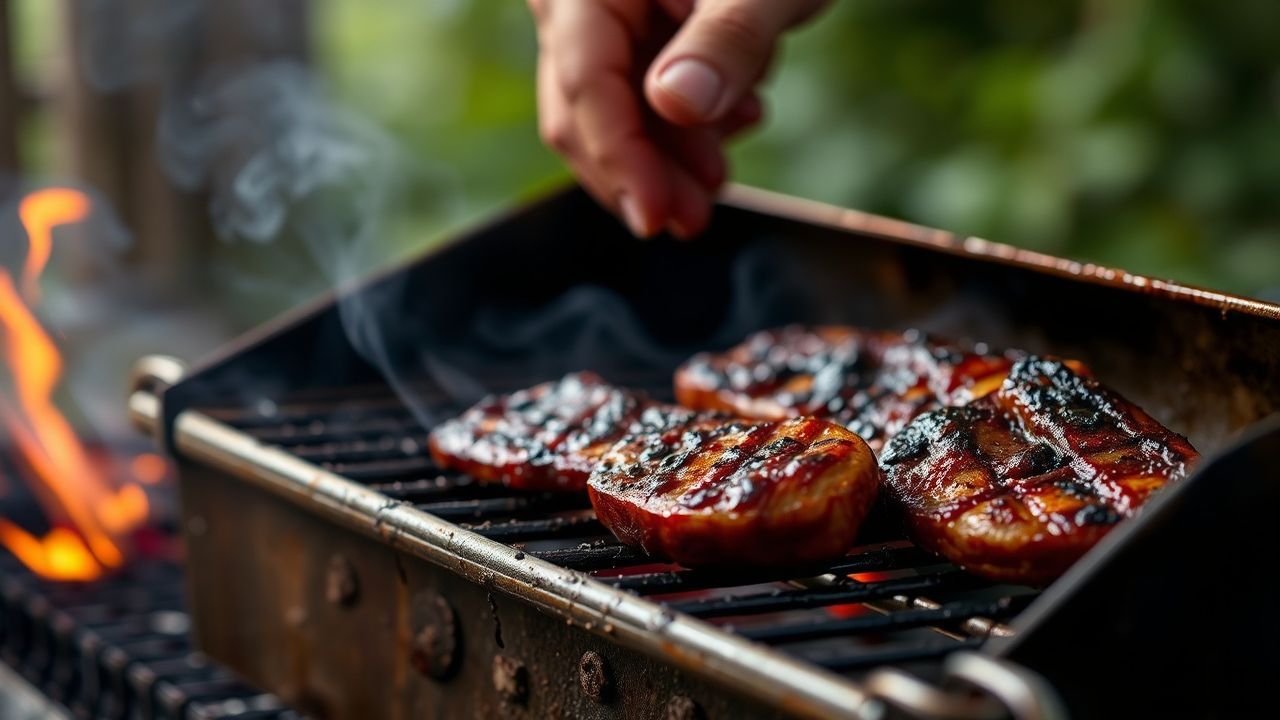 مشواة تقليدية تتوهج بالنيران فوق طاولة مليئة بأطباق الشواء التاريخية