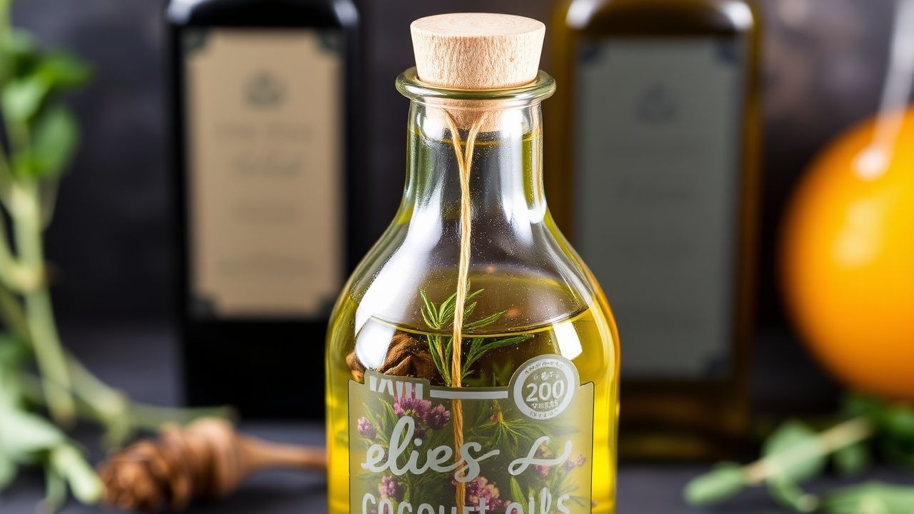 زجاجات زيوت منقوعة بالأعشاب الطازجة وأوراق ريحان على طاولة