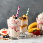 ميلك شيك منزلي كريمي مزين بكريمة، فراولة وقطع شوكولاتة