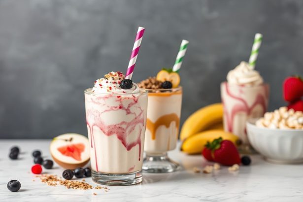 ميلك شيك منزلي كريمي مزين بكريمة، فراولة وقطع شوكولاتة