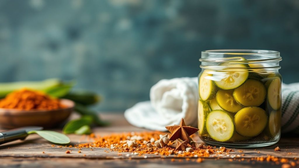 مزيج توابل التخليل اليدوية الملونة بجانب برطمان مخللات مقرمشة