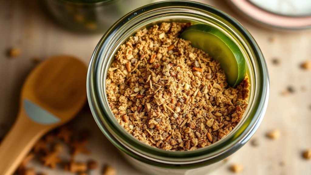 مكونات توابل التخليل المنزلية مرتبة بجانب شرائح خيار مقرمشة