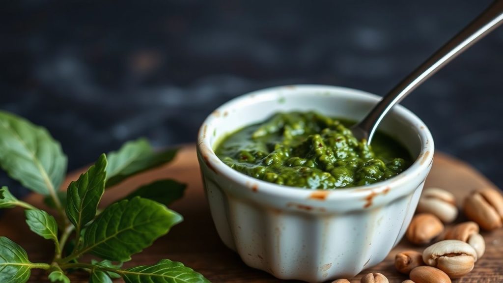 Ladle of wild green pesto with nuts, fresh leaves and earthy flavors