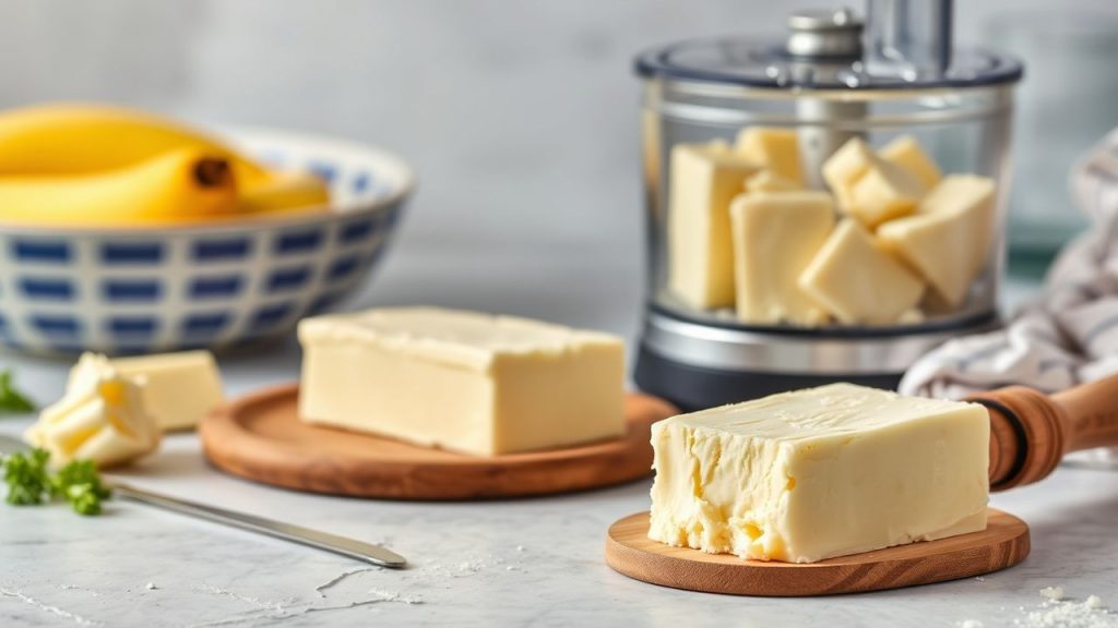 Freshly whipped butter straight from the food processor, creamy and golden, ready to enjoy.