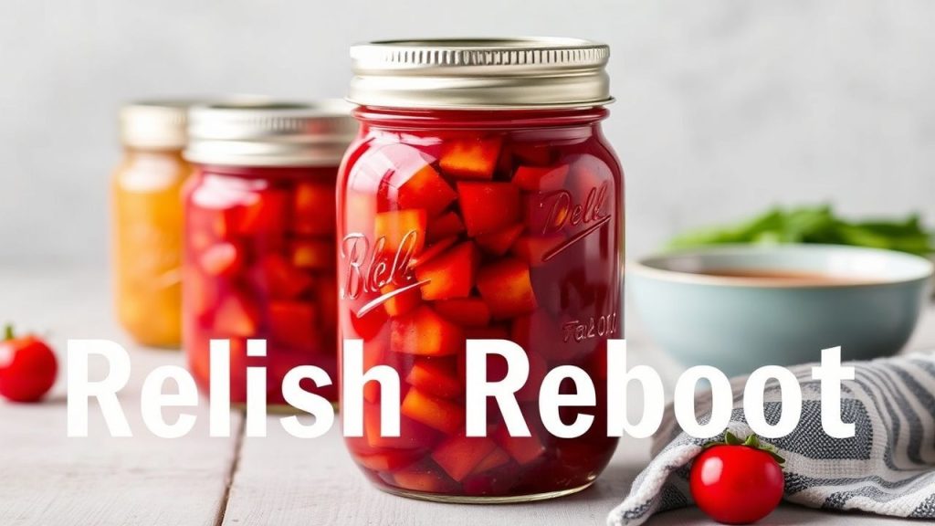 Open homemade relish jar next to canning tools and warning about common mistakes