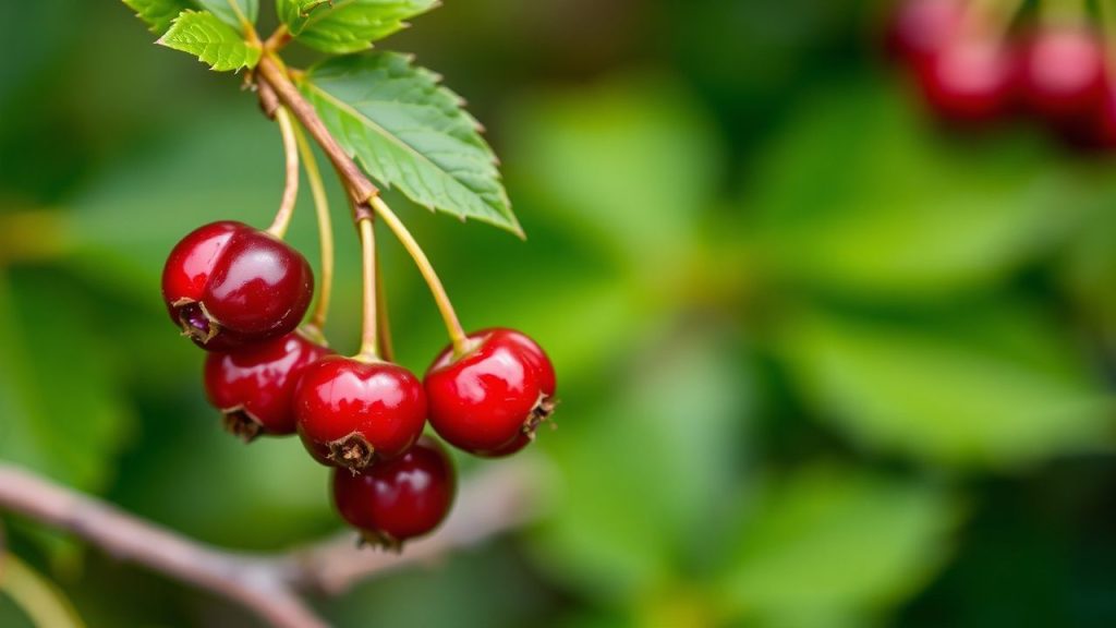 حبات توت غومي حمراء بين أوراق برية، مشهد حصاد بري حلو ومغري