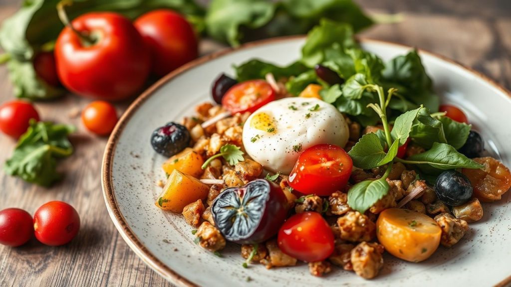 طبق متوازن ملون مع مكونات مرتبة كلوحة فنية تعكس فن التغذية