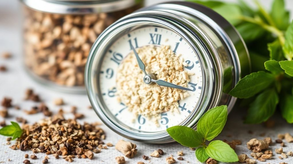 أوعية زجاجية مرتبة تحوي أعشاباً مجففة مع ملصقات تواريخ الصلاحية