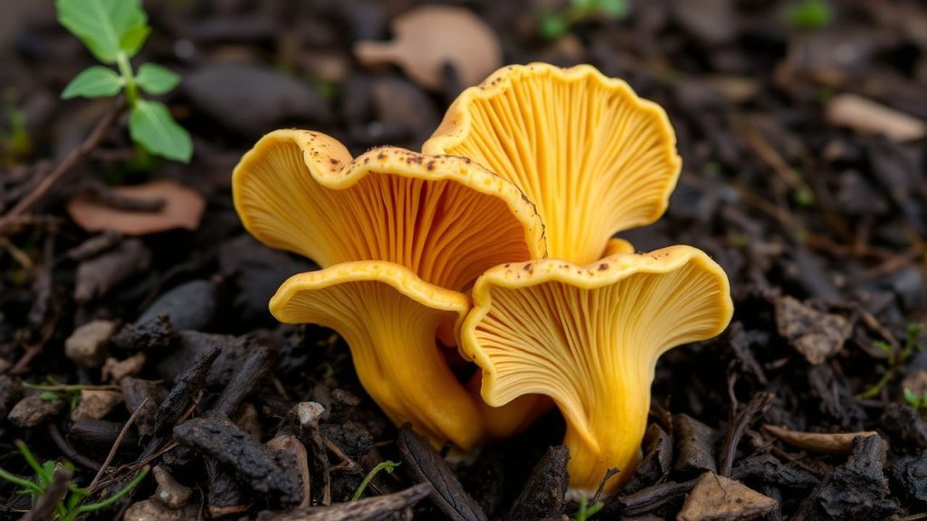 فطر الشانتيريل الأصفر مع خياشيم حقيقية بارزة في أرض الغابة