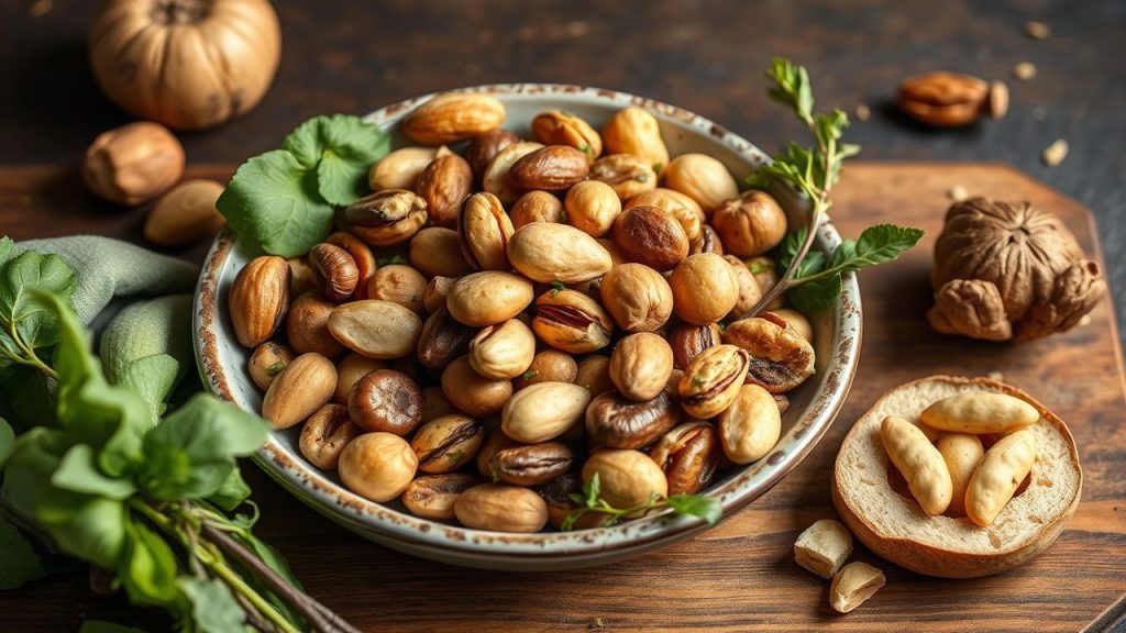 Savory vegetarian dish with roasted wild nuts, rich colors and texture