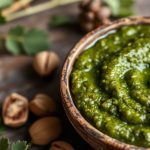 بيستو أخضر بري محضر بأعشاب برية ومكسرات محمصة في وعاء