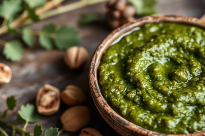 بيستو أخضر بري محضر بأعشاب برية ومكسرات محمصة في وعاء