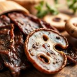 شرائح مشروم متبلة ومجففة تشبه الجيركي على لوح خشبي