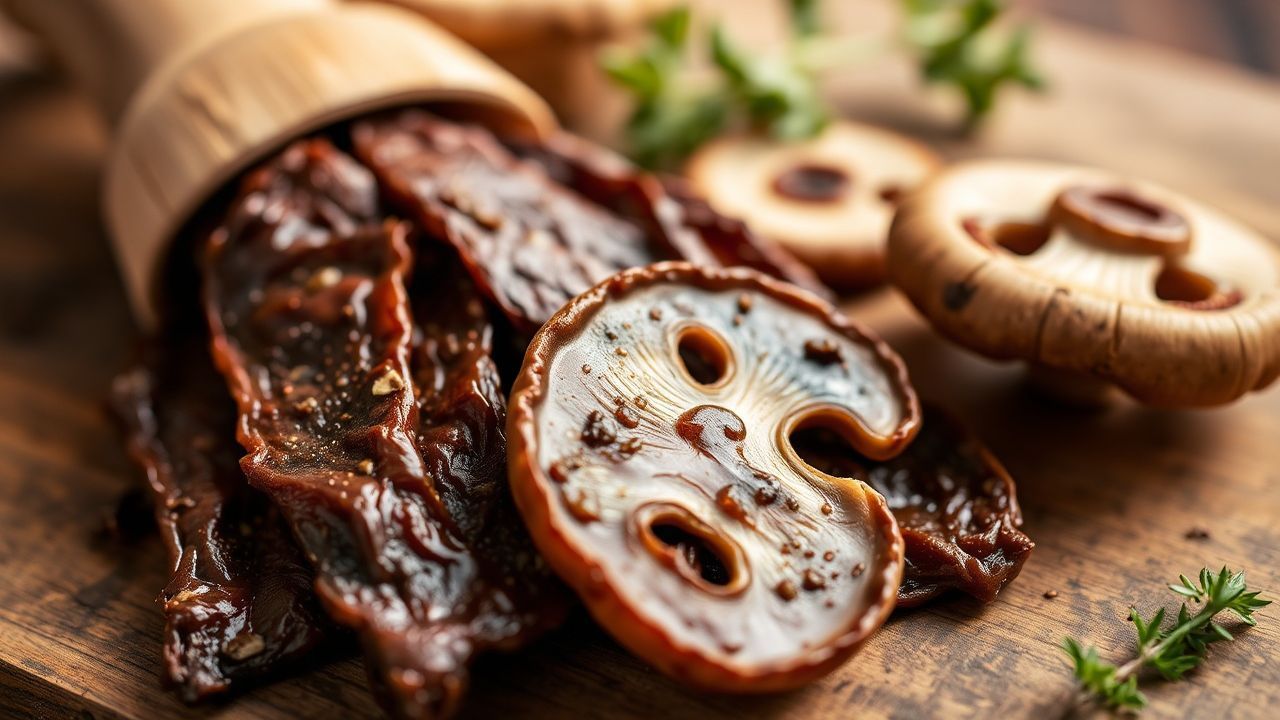 شرائح مشروم متبلة ومجففة تشبه الجيركي على لوح خشبي