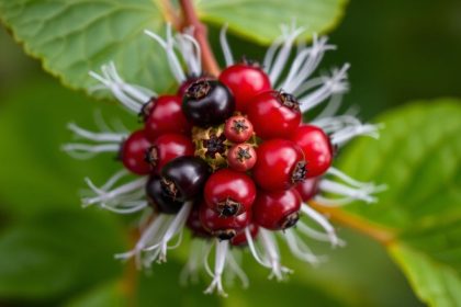 توت سام بنفسجي يشبه الحرمل على غصن مع أوراق قاتمة