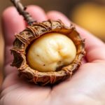 سلة مليئة بجوز أبيض متناثرة بين أوراق خريفية في غابة