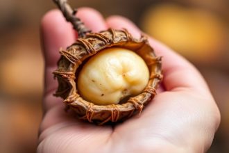 سلة مليئة بجوز أبيض متناثرة بين أوراق خريفية في غابة