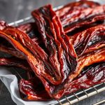 شرائح لحم جاف ذهبية على رف تجفيف مع مقياس حرارة