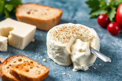 وعاء جبنة كريمية منزلية مع ملعقة وخبز طازج وأعشاب