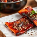 لحم السلمون المجفف المنزلي المالح على لوح مع أعشاب وخطوات الوصفة