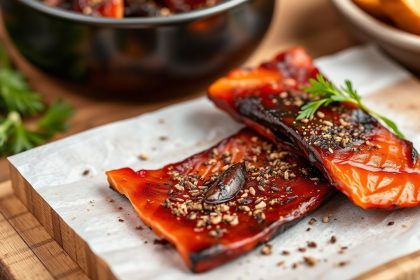 لحم السلمون المجفف المنزلي المالح على لوح مع أعشاب وخطوات الوصفة