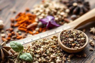 أعشاب مجففة في أوعية زجاجية بجانب تقويم يوضح مدة صلاحيتها