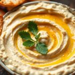 وعاء حمص كريمي محلي الصنع مع ملعقة وقطع خبز بيتا