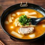 وعاء تونكوتسو رامِن غني بالكريم والمرق، عظام مطهوة ومكونات طازجة