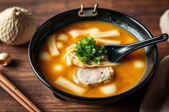 وعاء تونكوتسو رامِن غني بالكريم والمرق، عظام مطهوة ومكونات طازجة