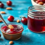 مرطبان مربى الكرز واللوز المنزلي مع ملعقة وشرائح خبز