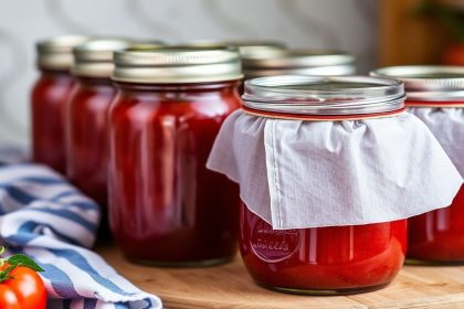 جرار باينت ممتلئة بصلصة طماطم منزلية للحفظ طويل الأمد