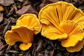 فطر الشانتريل بخياشيم حقيقية ينمو على أرض غابية رطبة