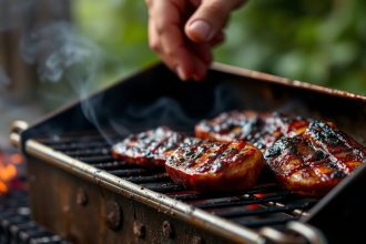 مشواة تقليدية تتوهج بالنيران فوق طاولة مليئة بأطباق الشواء التاريخية