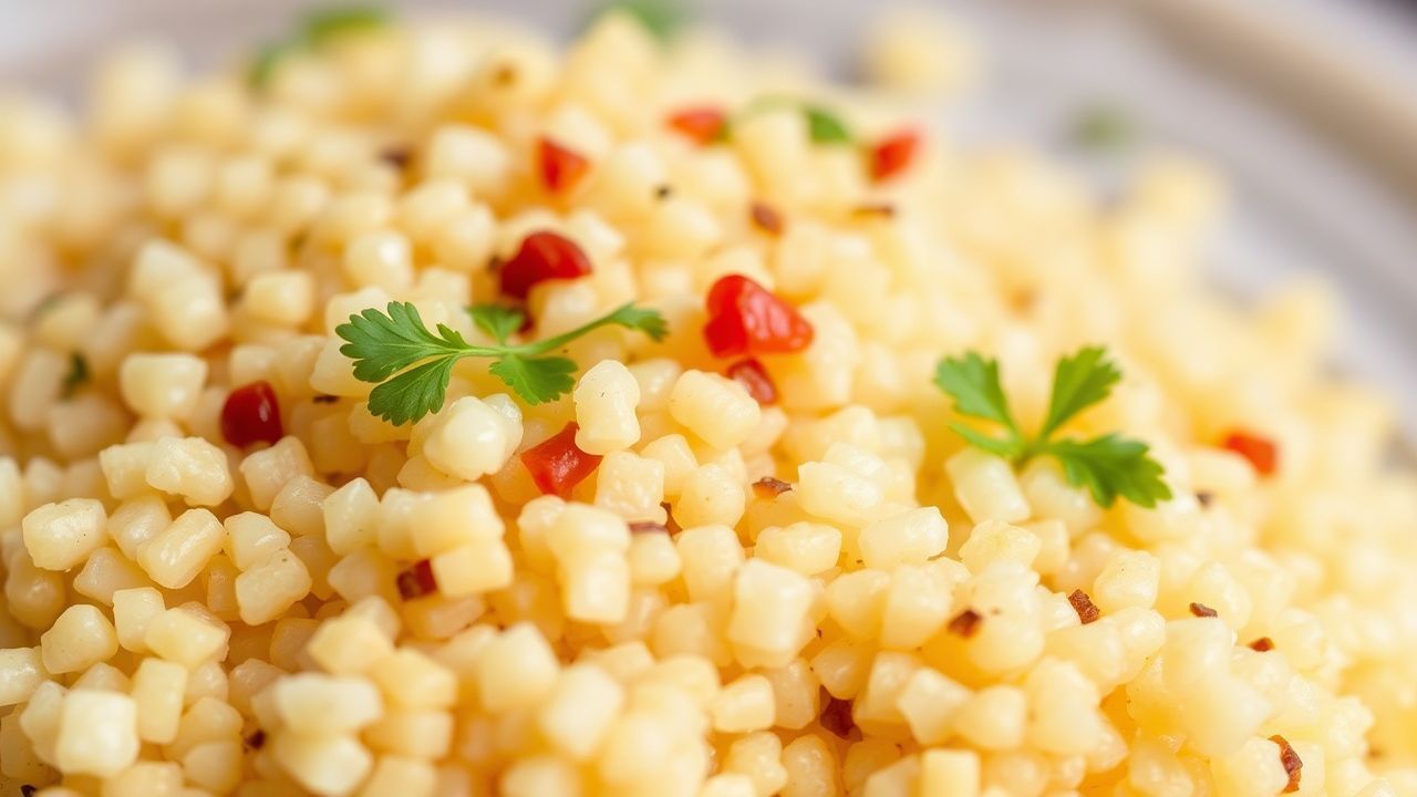 Close-up bowl of fluffy couscous with herbs, lemon, and roasted vegetables