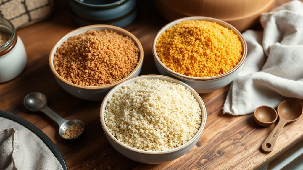 Steamed couscous in a wide bowl, garnished with parsley and lemon