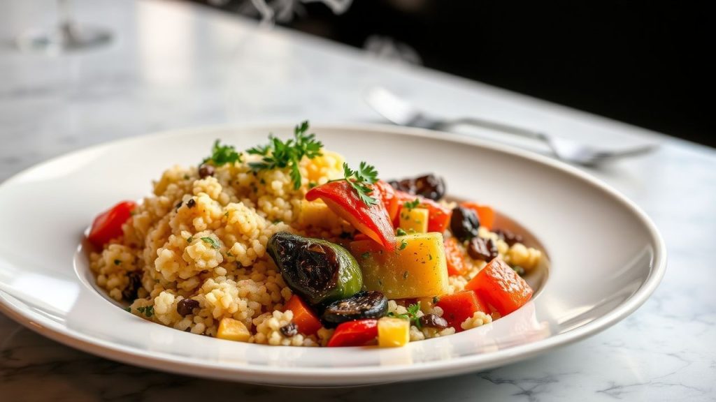 Pearl couscous with roasted vegetables on a serving plate