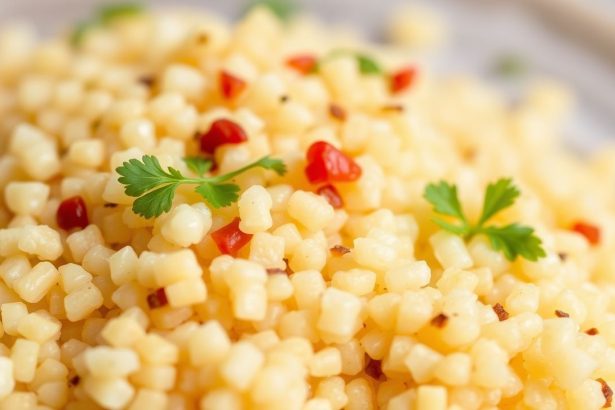 Close-up bowl of fluffy couscous with herbs, lemon, and roasted vegetables